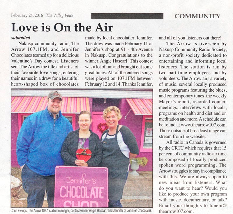 Jennifer Chocolates Valentine's Day Contest with the Arrow, Nakusp's local radio station.