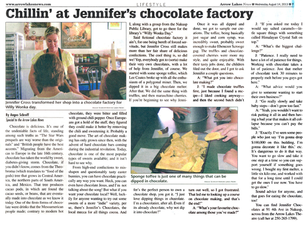 Arrow Lakes News, Cillin at the Chocolate Shop